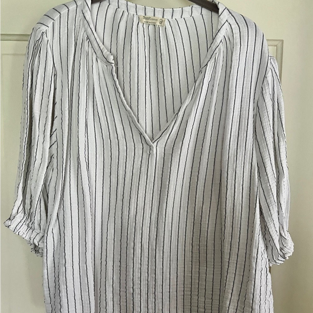 Elegant Striped V-Neck Blouse - White and Black